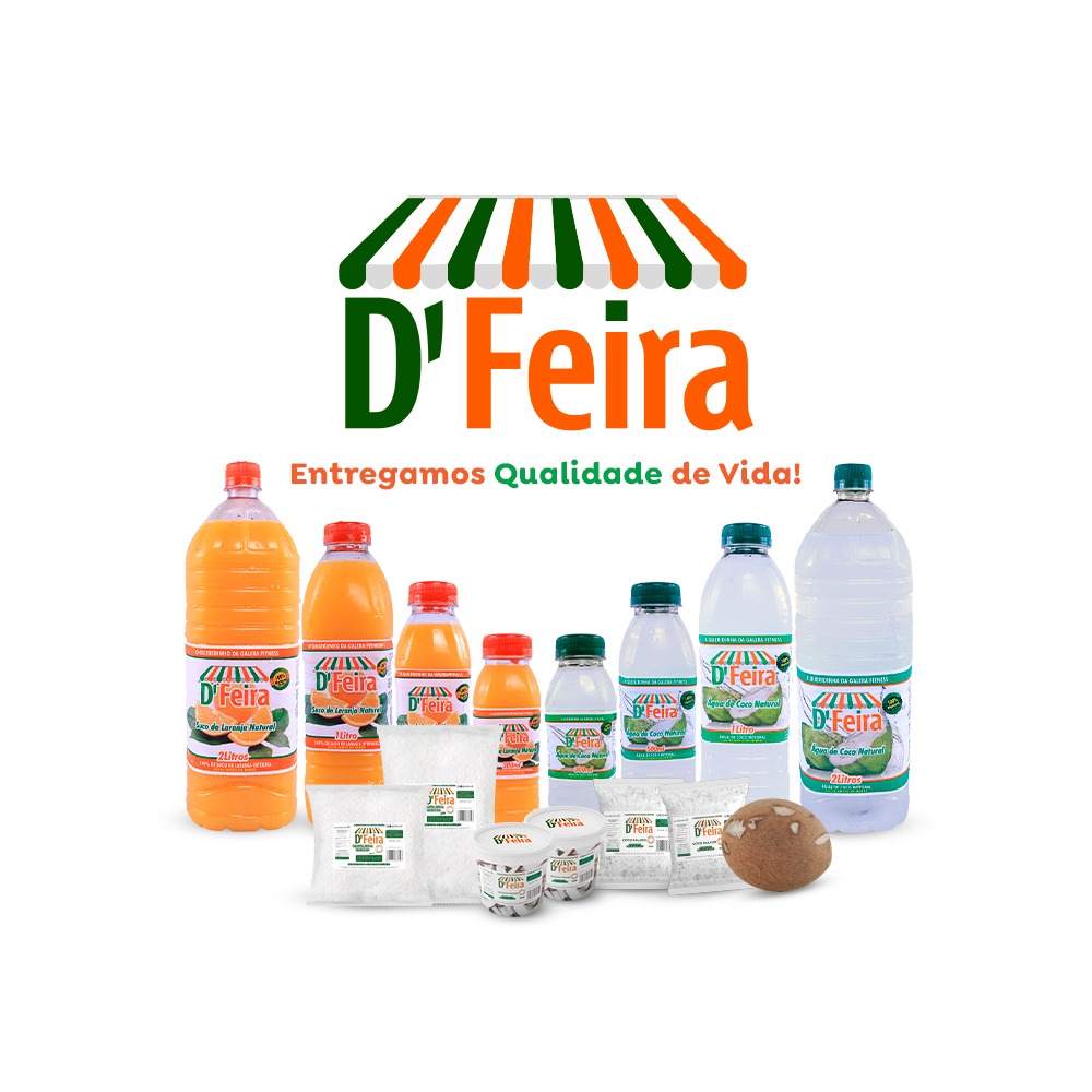 Linha de produtos D'Feira, agua de coco, coco ralado e em pedaços, suco de laranja e tapioca fresca